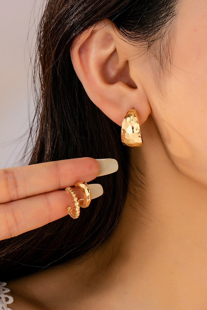 Mixed Texture Gold Crescent Hoop Trio Earring Set | 80E61795