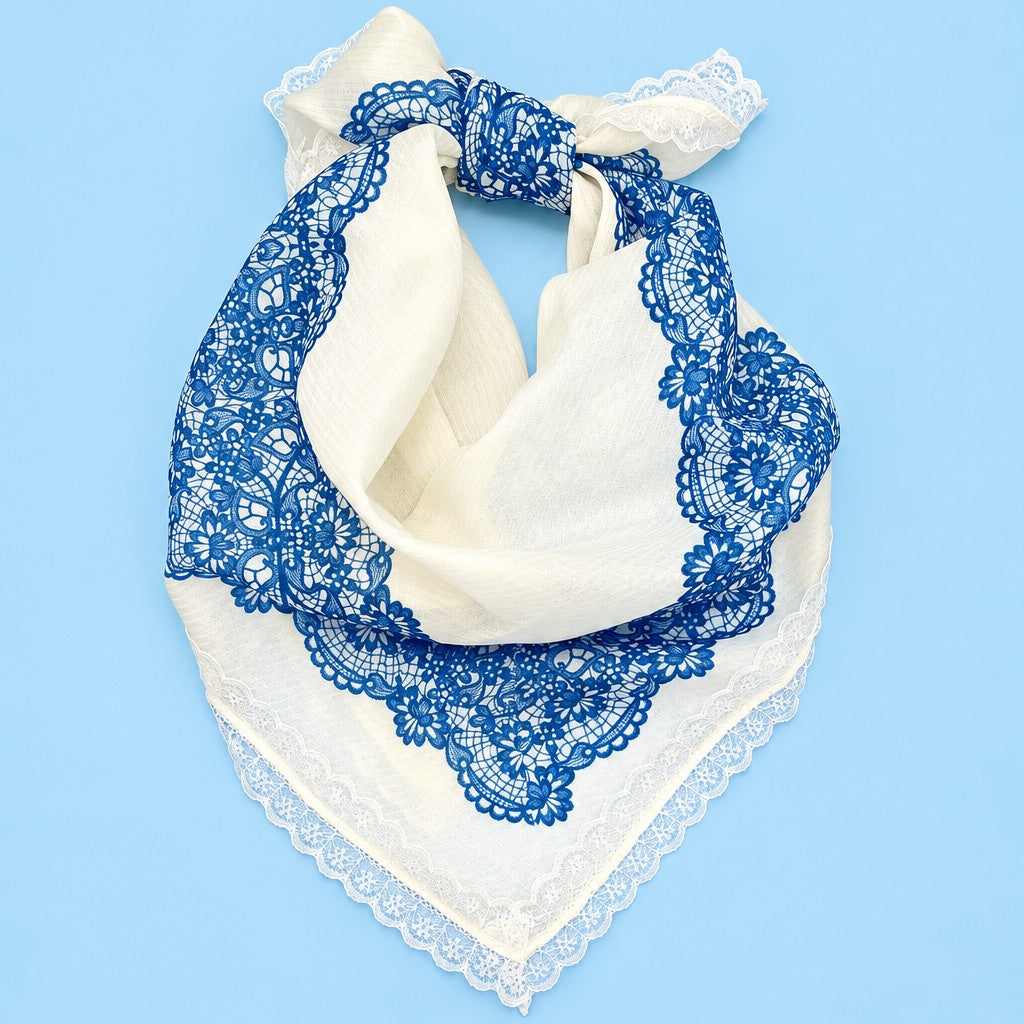 Lace Border Blue Lace-Print Square Scarf | 40SC763