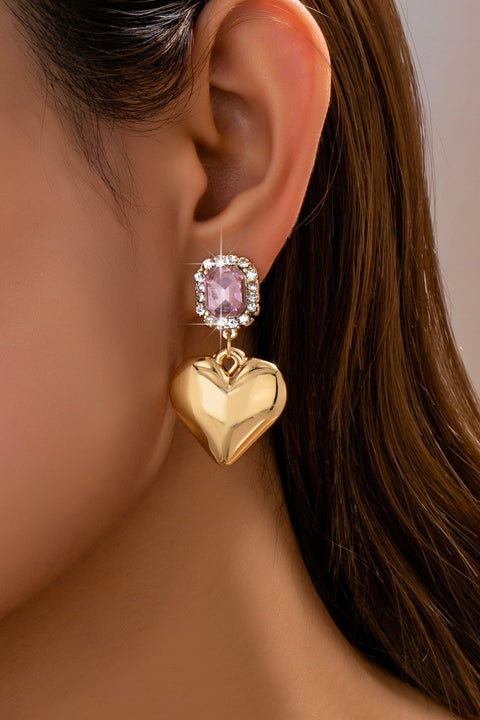 Gold Puffy Heart & Crystal Drop Earrings | 80E61850