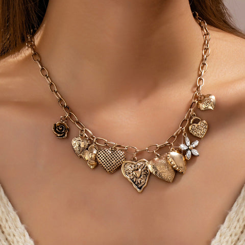 Vintage Gold-Tone Heart Charm Cluster Necklace | 80N92793