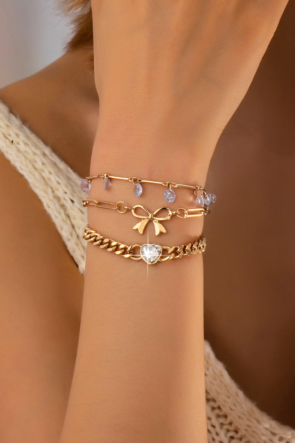 Bow & Crystal Heart Charm Layered Bracelet Set | 80B1628