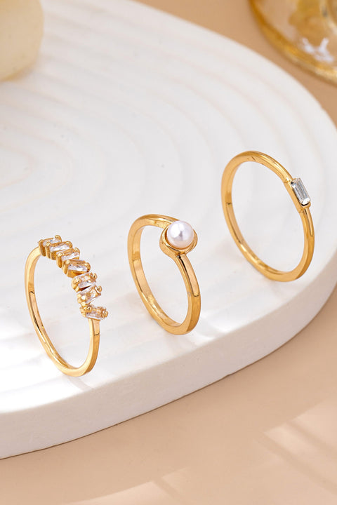 Pearl & Crystal Delicate Gold Ring Trio | 80R159