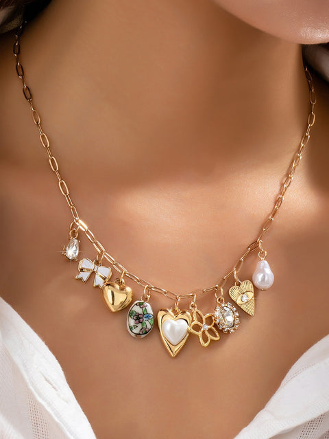Charm Necklace-Charming Heart Bow & Pearl Dangle | 80N92810