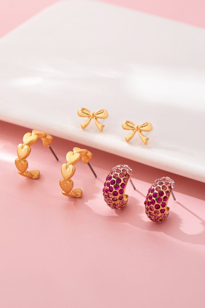 Pink Crystal Bow & Heart Earring Set | 80E62086