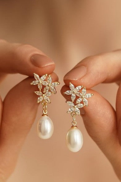 Shimmering Floral Vine Pearl Drop Earrings | 40E485