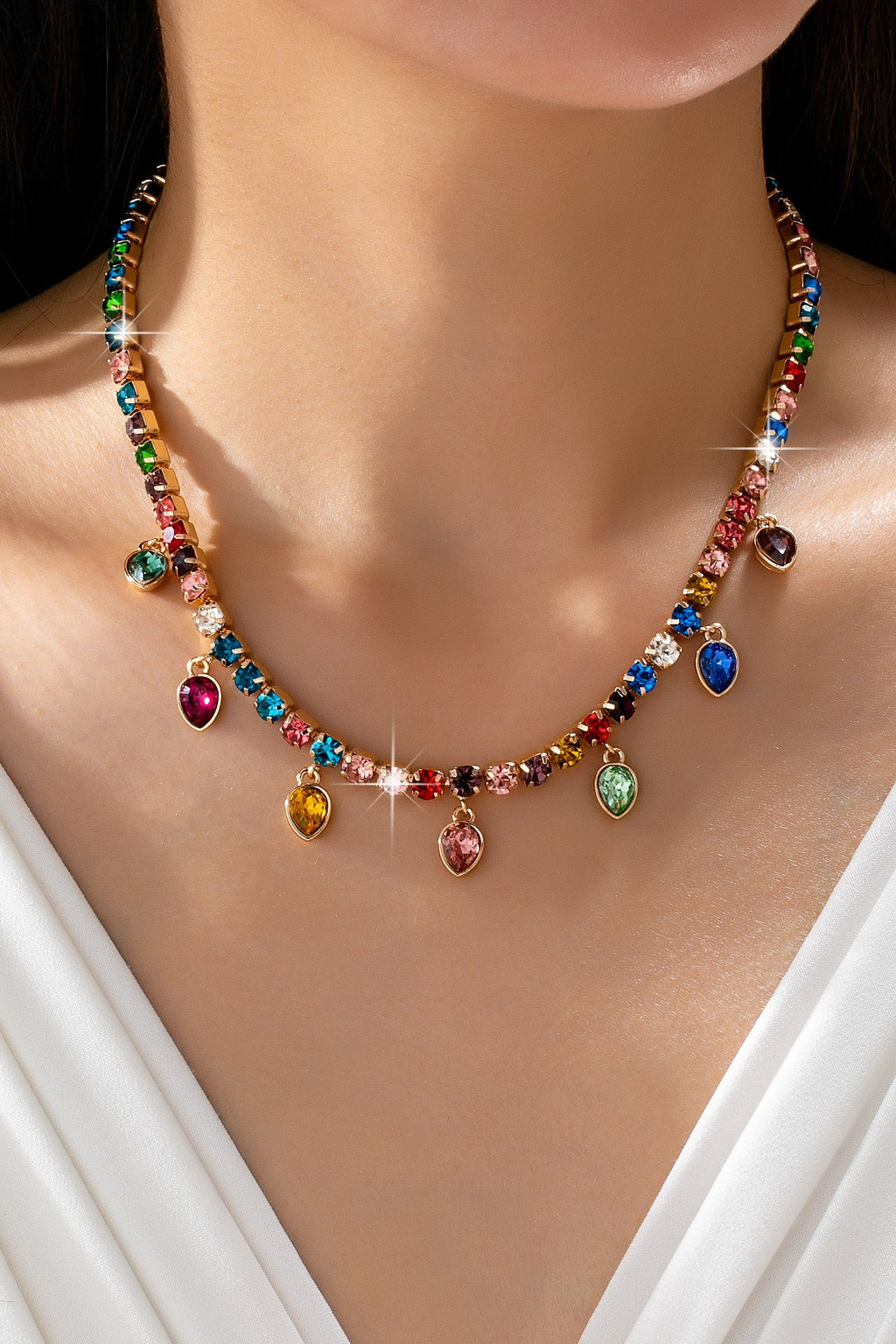 Multicolor Glass Crystal Tennis Teardrop Necklace | 80N92890