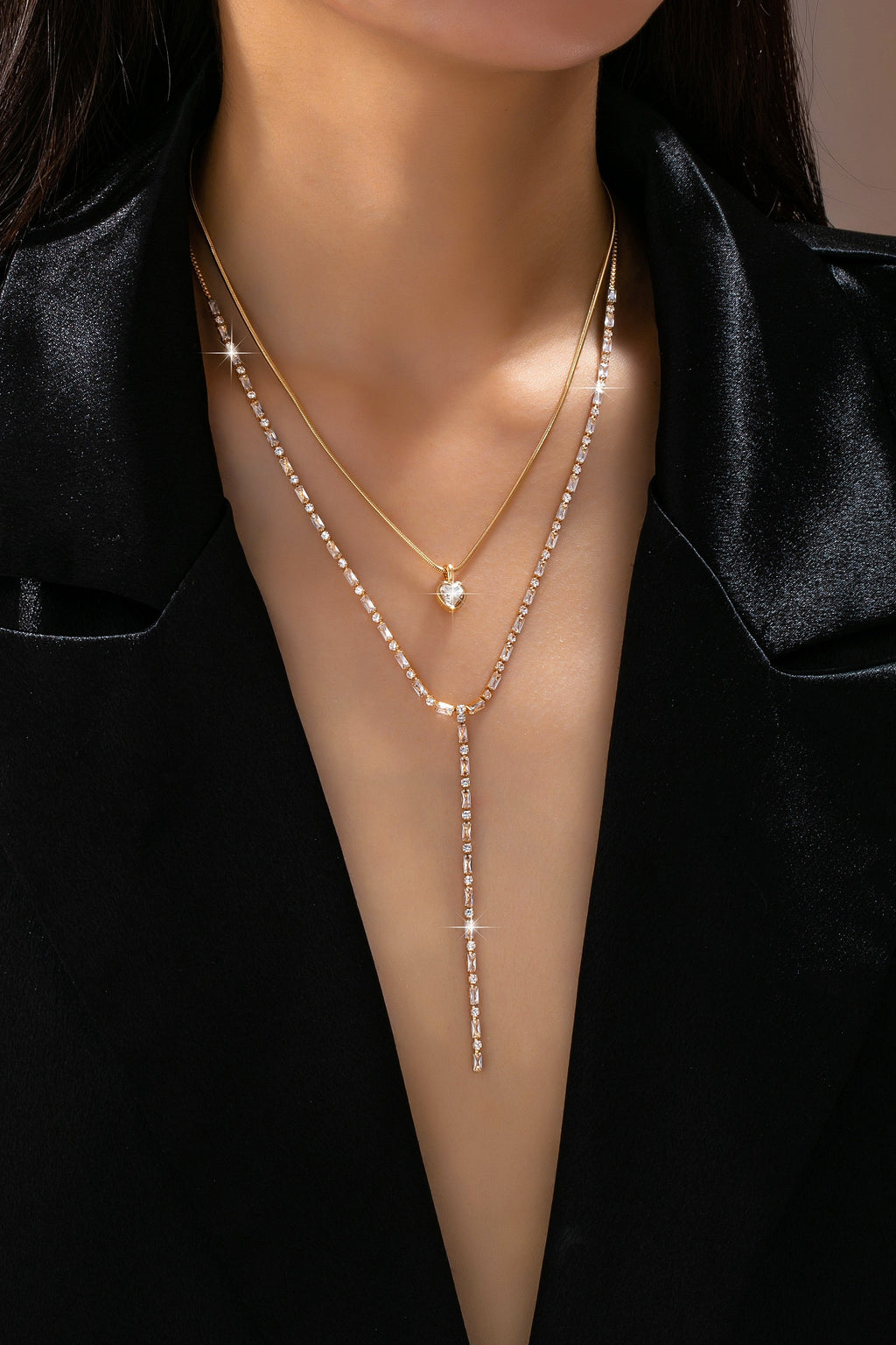 Layered Y Heart and Baguette CZ Crystal Necklace | 80N92886