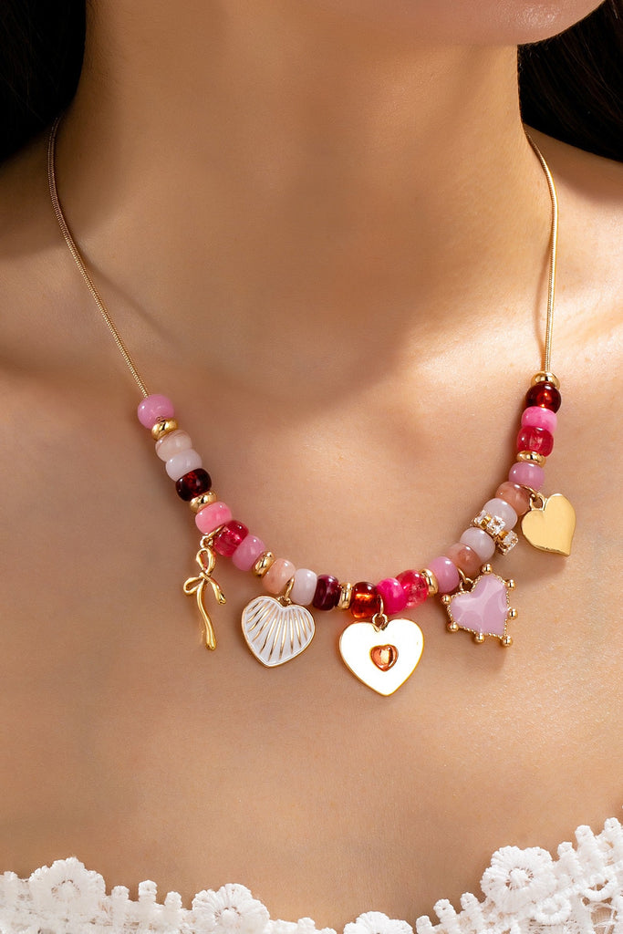 Pink Beaded Heart and Shell Charm Necklace | 80N92903
