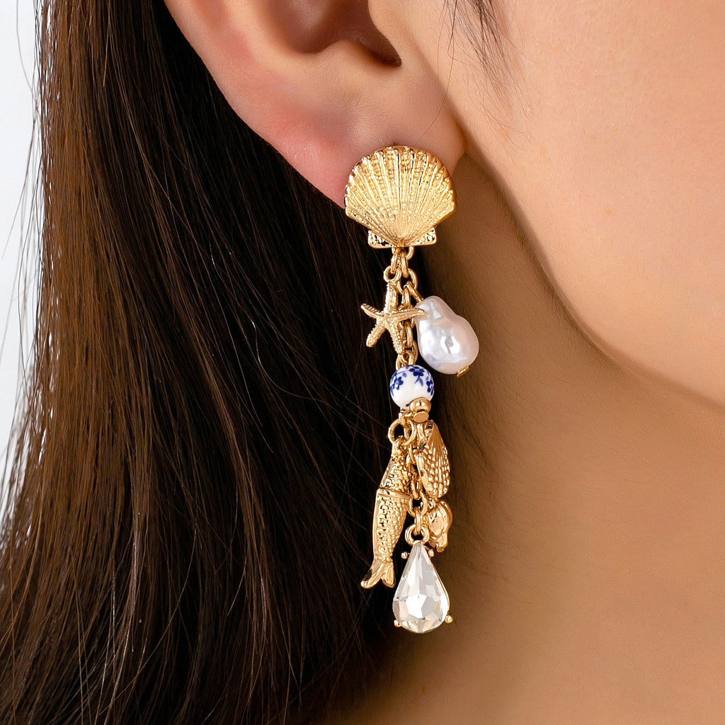 Pearl Shell Fish Cluster Charm Drop Earrings | 80E62042