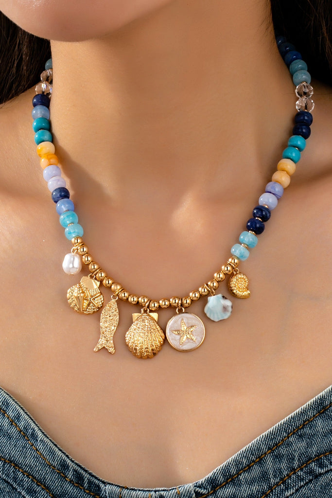 Nautical Blue Beaded Sealife Charm Necklace | 80N92927