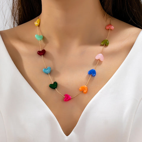 Multicolor Resin Beaded Heart Station Necklace | 80N92985