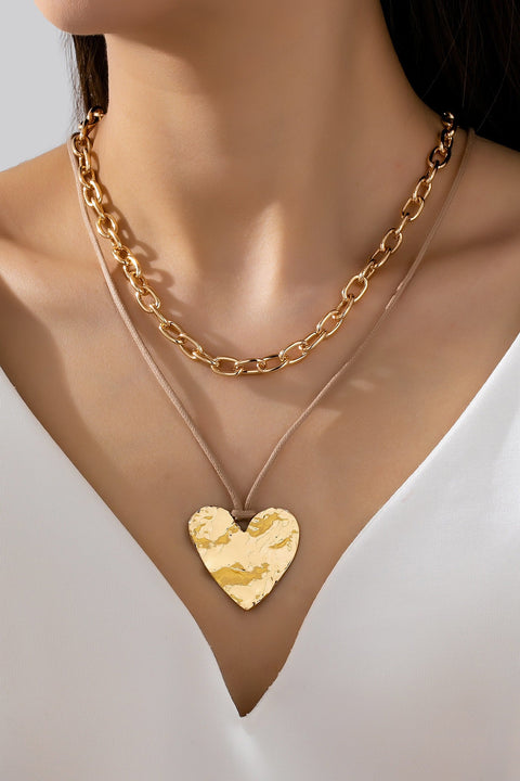 Hammered Heart Layered Cord Landyard Necklace | 80N93001