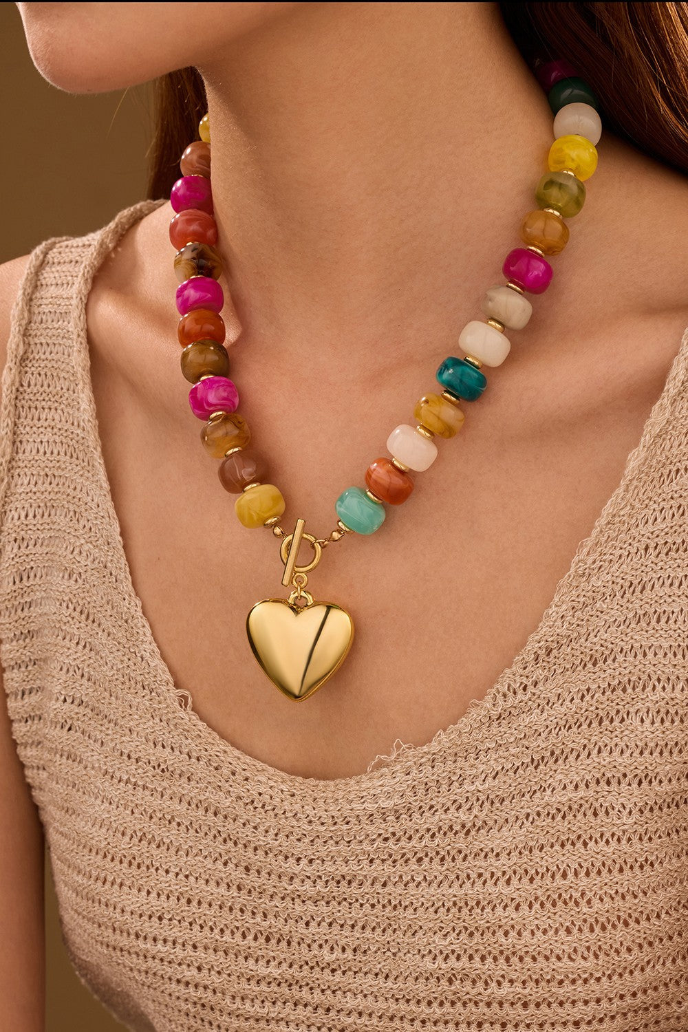 MULTI BEADED HEART CHARM TOGGLE NECKLACE | 40NK9700