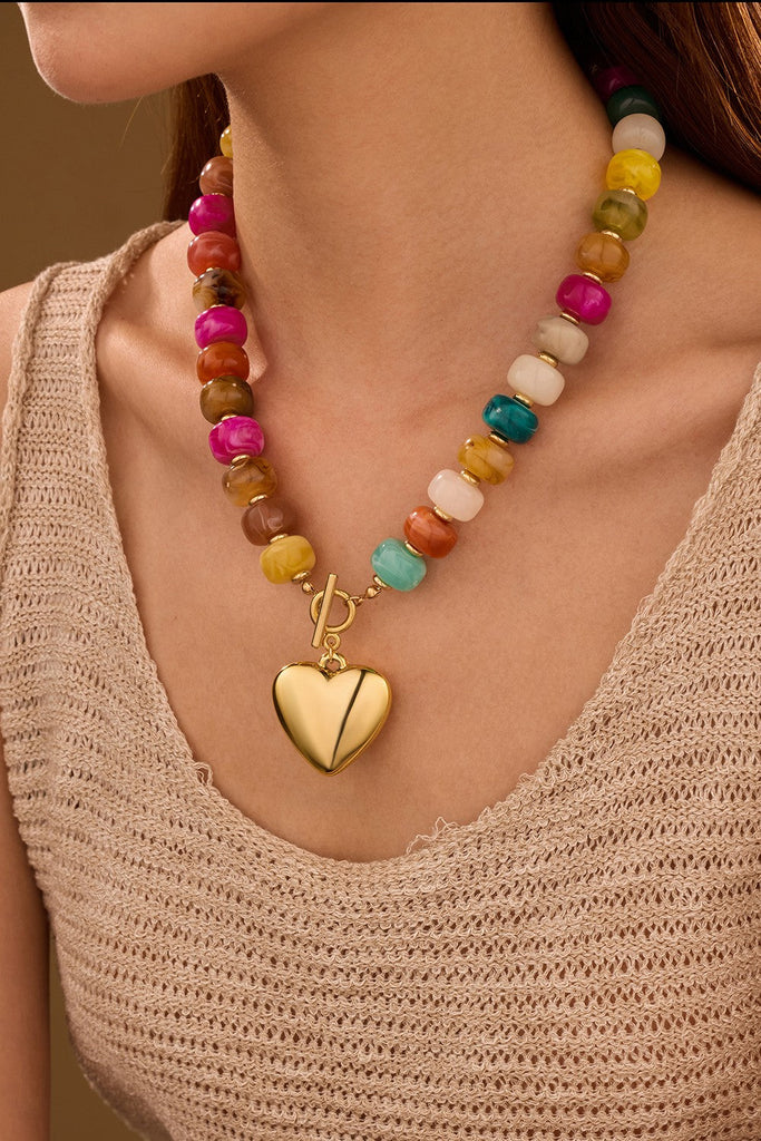 MULTI BEADED HEART CHARM TOGGLE NECKLACE | 40NK9700