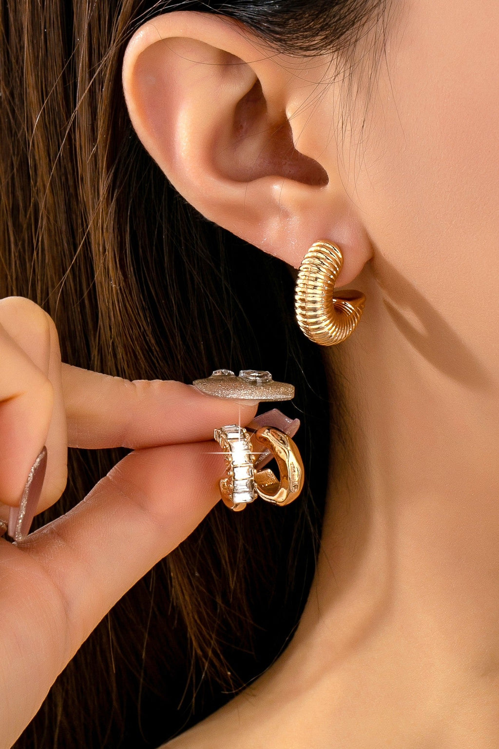 Rhinestone Textured Hoop Earring Set | 80E62138
