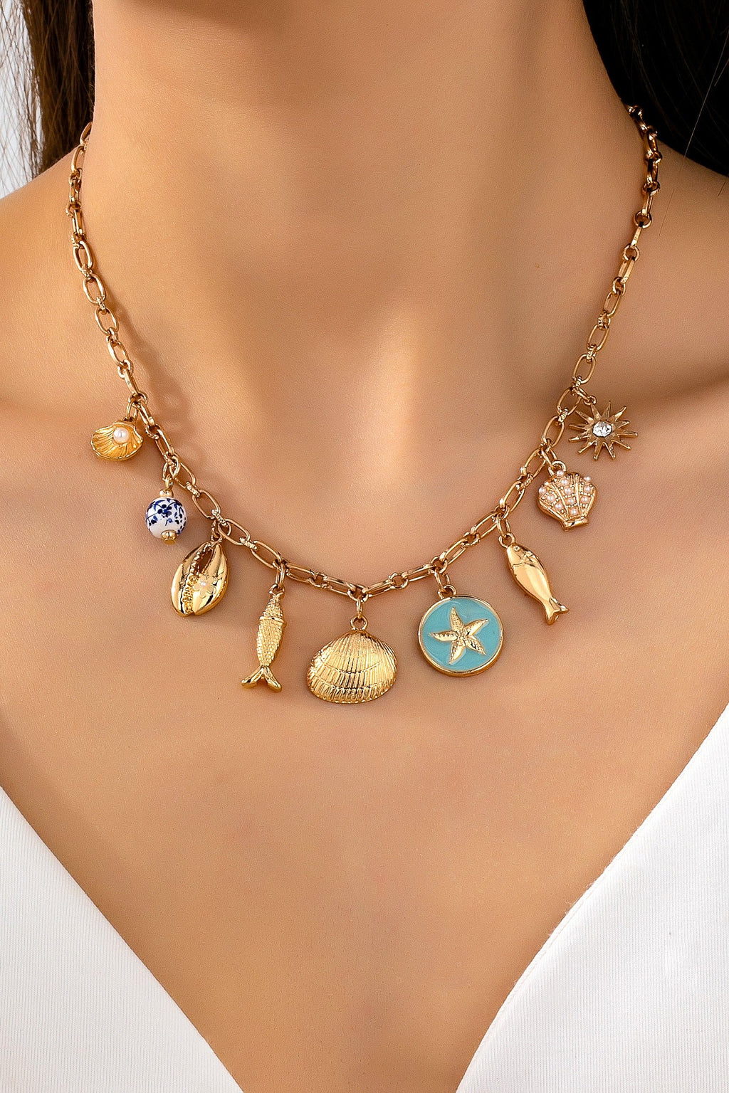 Charm Necklace-Coastal seashells fish cloisonne | 80N92963