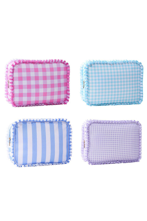 RUFFLE CHECKER STRIPE COSMETIC TRAVEL POUCH BAG | 40P608