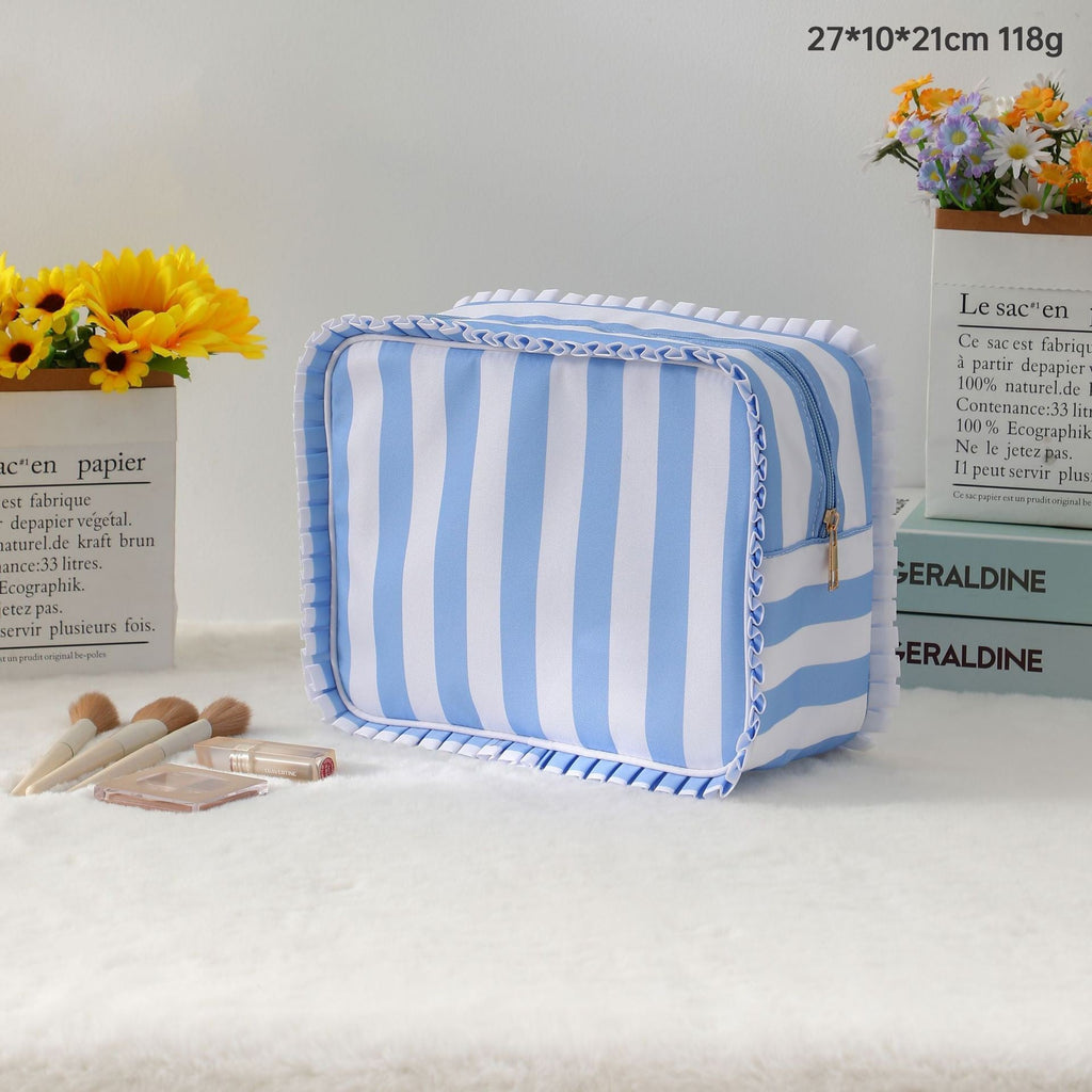 RUFFLE CHECKER STRIPE COSMETIC TRAVEL POUCH BAG | 40P608