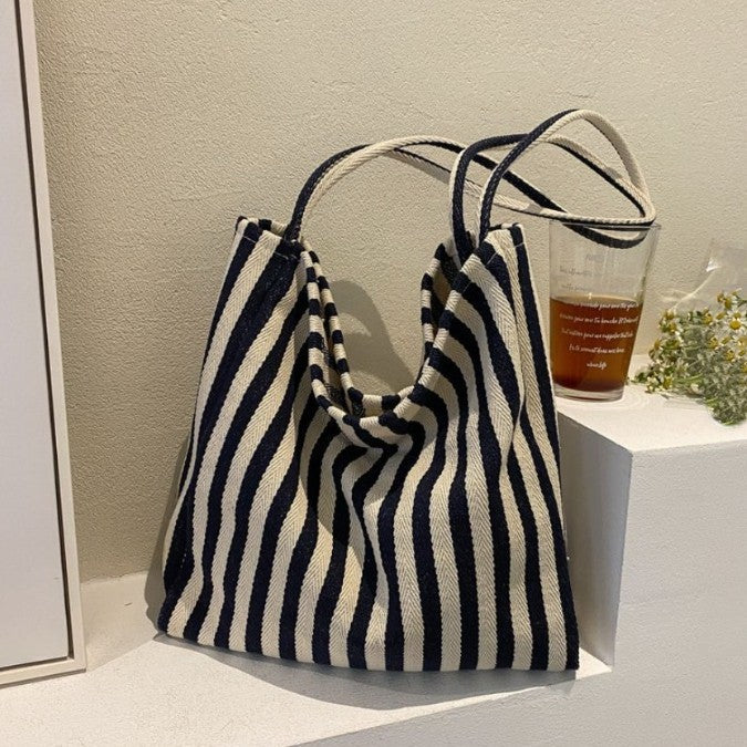 Striped Canvas Hobo Shoulder Tote Bag | 40P609