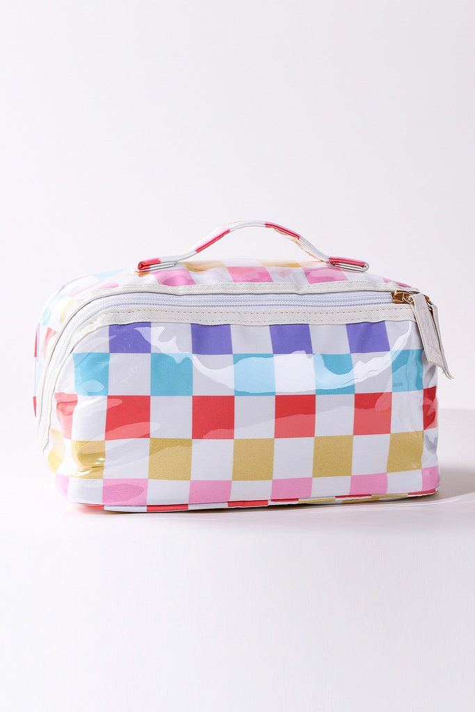 CHECKER STRIPED  OPEN FLAT COSMETIC MAKEUP POUCH | 40P610
