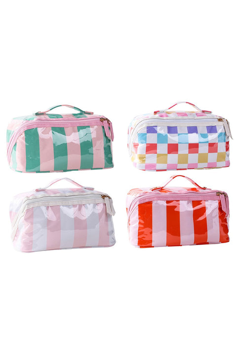 CHECKER STRIPED  OPEN FLAT COSMETIC MAKEUP POUCH | 40P610