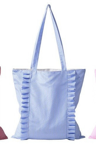 Gingham Ruffle Canvas Shoulder Tote Bag | 40P614
