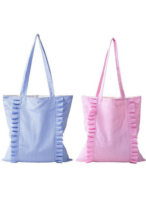 Gingham Ruffle Canvas Shoulder Tote Bag | 40P614