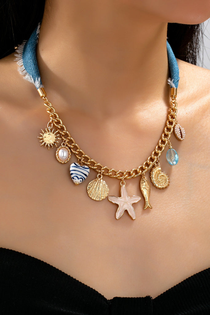 Sea Life Multi Charm- Boho Coastal Denim Necklace | 80N93111
