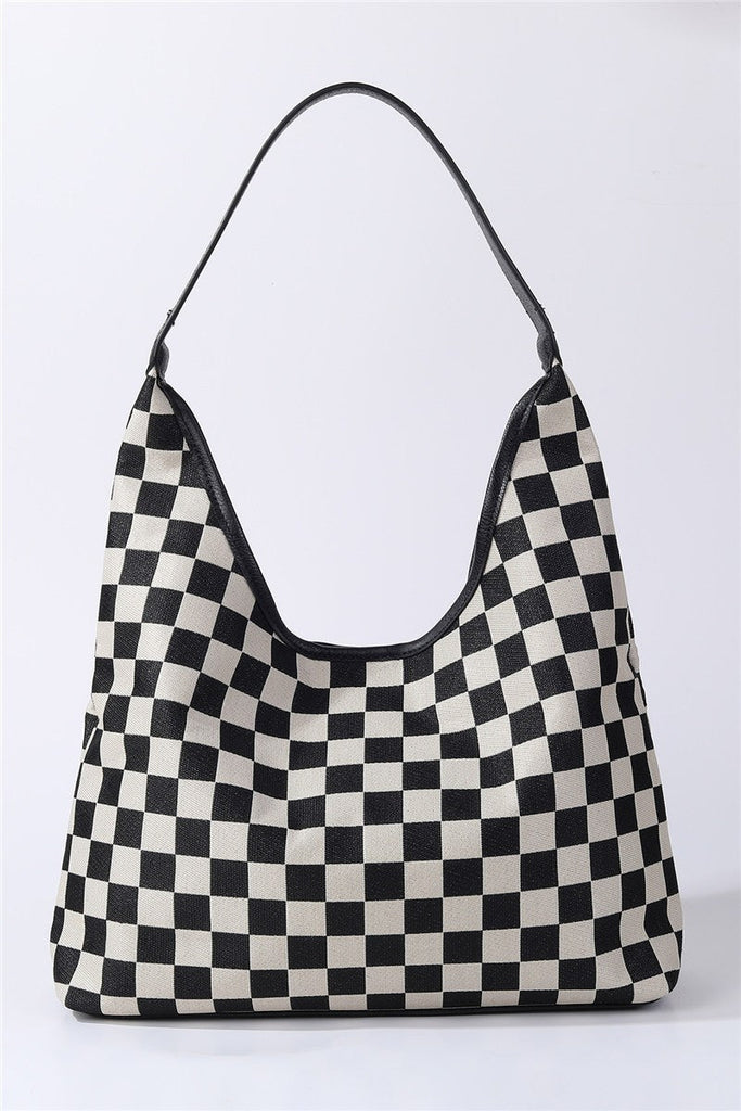 Black and White Checkered Canvas Hobo Bag | 40P615