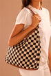 Black and White Checkered Canvas Hobo Bag | 40P615