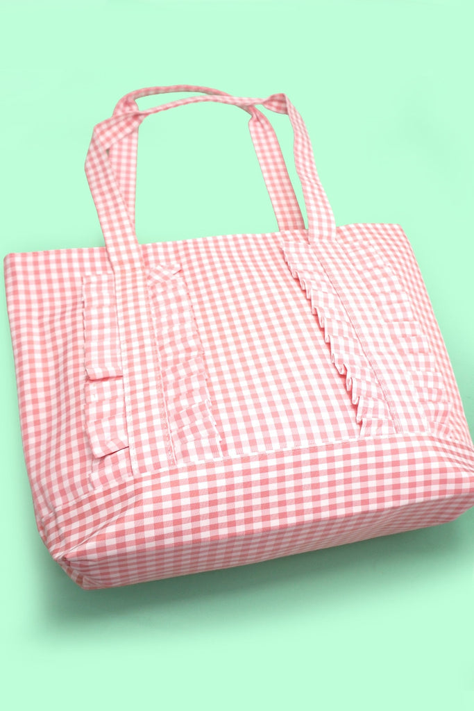 Gingham & Stripe Ruffle Tote Shoulder Bag | 40P623