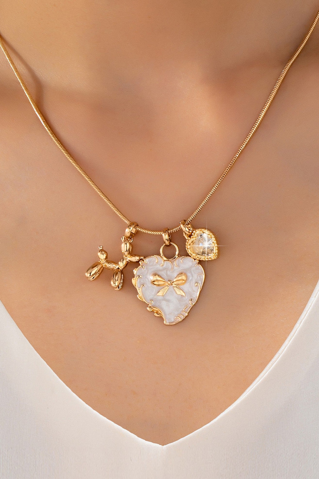Bow Heart & Balloon Dog Crystal Charm Necklace | 80N93126