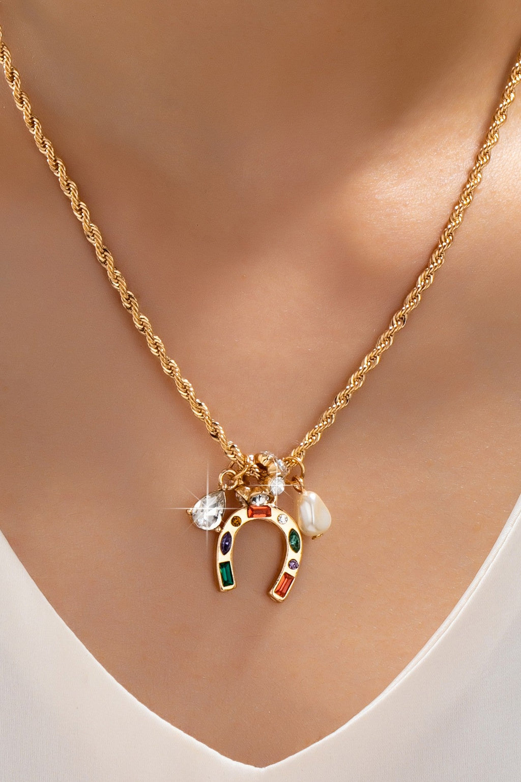 Multi-Color Horseshoe and Pearl Crystal Charm Necklace | 80N93136