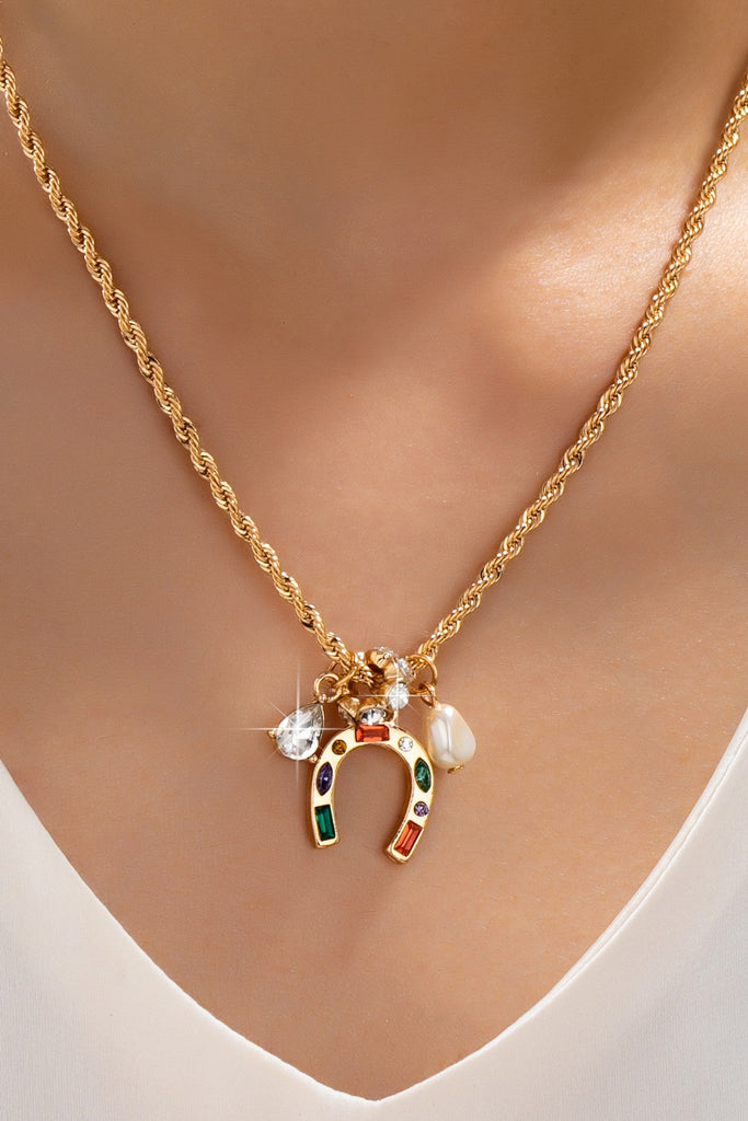Multi-Color Horseshoe and Pearl Crystal Charm Necklace | 80N93136