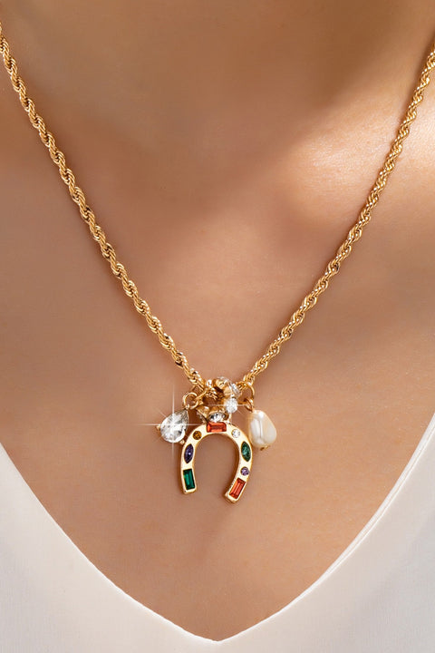 Multi-Color Horseshoe and Pearl Crystal Charm Necklace | 80N93136