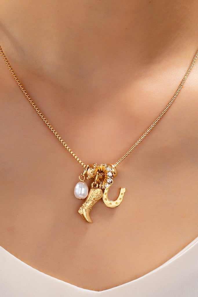 Western Boot Horseshoe Pearl Charm Necklace | 80N93161