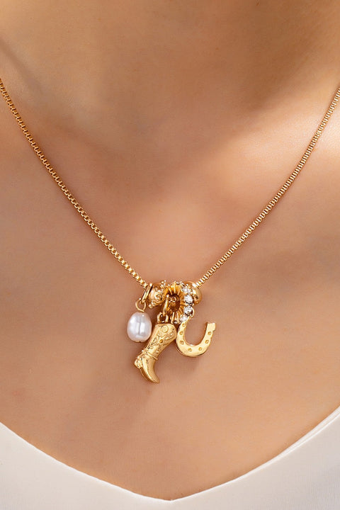 Western Boot Horseshoe Pearl Charm Necklace | 80N93161
