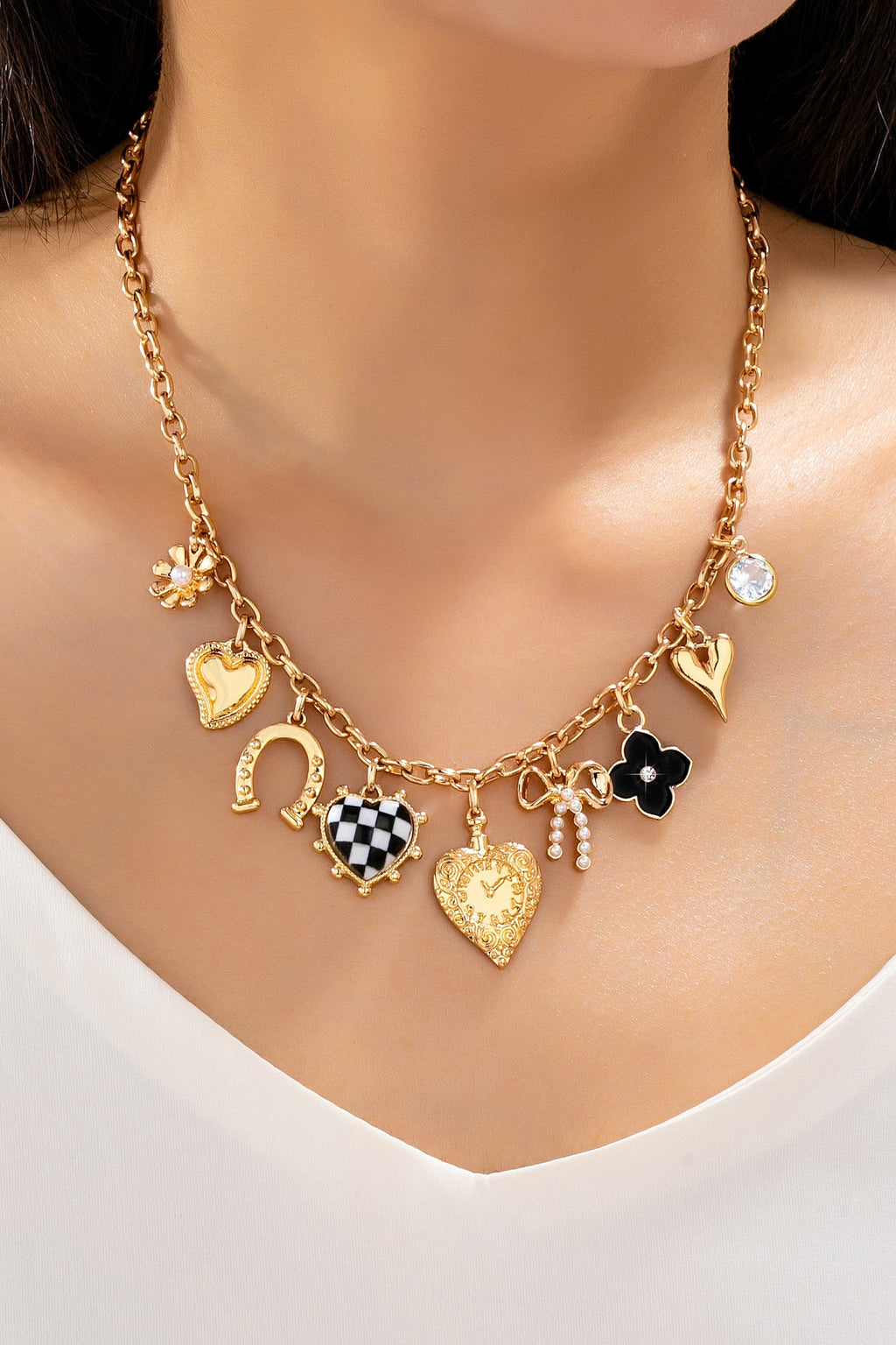 Checkered Heart Pearl Bow Multi-Charm Link Necklace | 80N93113