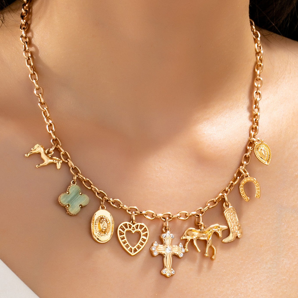 Western Multi-Charm Cross Heart Horse Link Necklace|80N93122