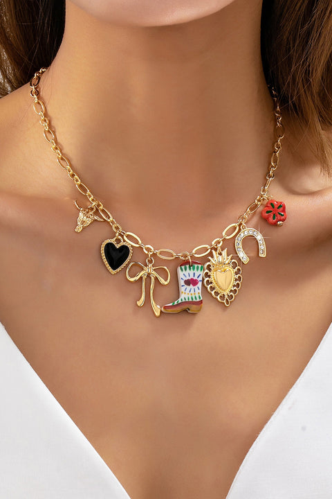 Western Boot Horseshoe Heart Multi Charm Necklace | 80N93207