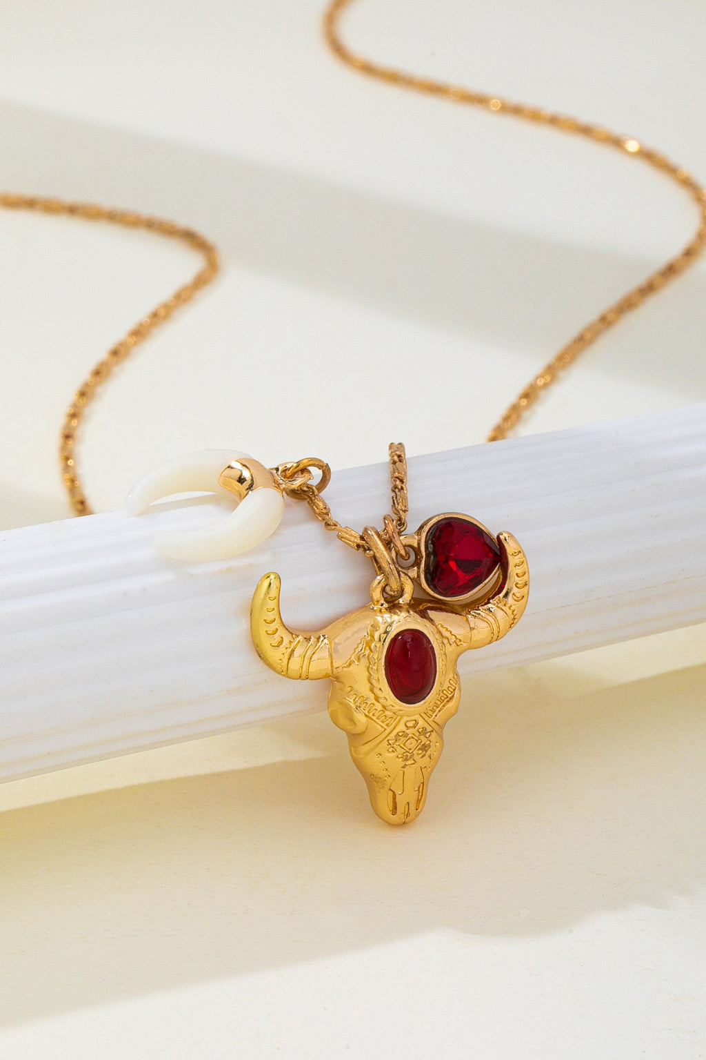 Ruby & Crescent Bull Skull Charm Necklace | 80N93321