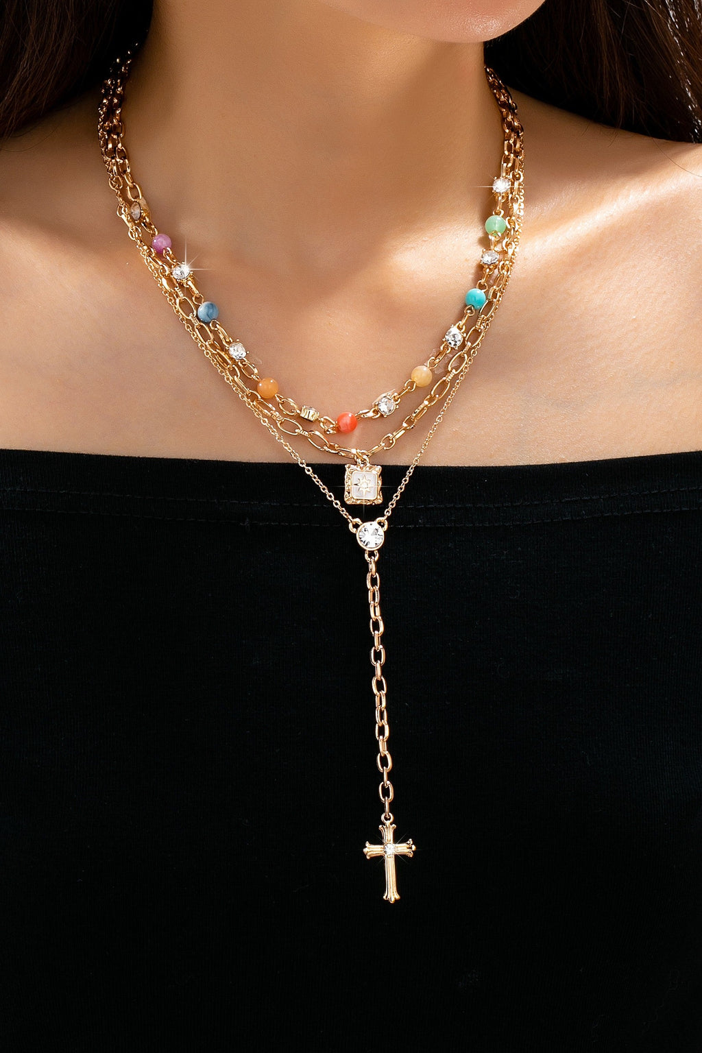 Multi-Strand Color Bead & Cross Lariat Necklace | 80N93303