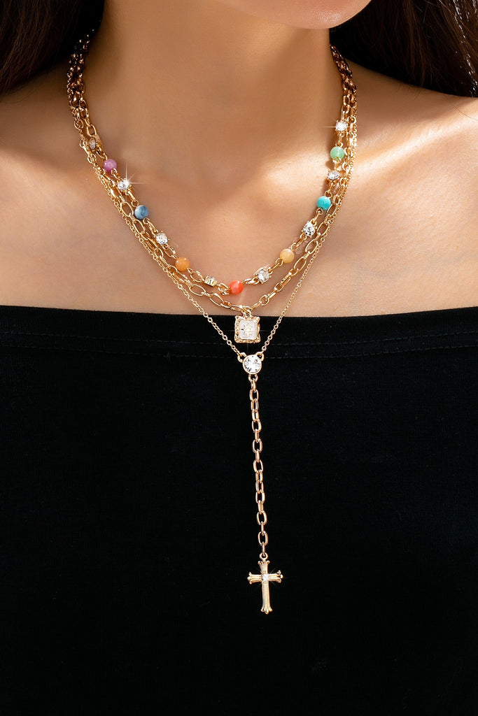 Multi-Strand Color Bead & Cross Lariat Necklace | 80N93303