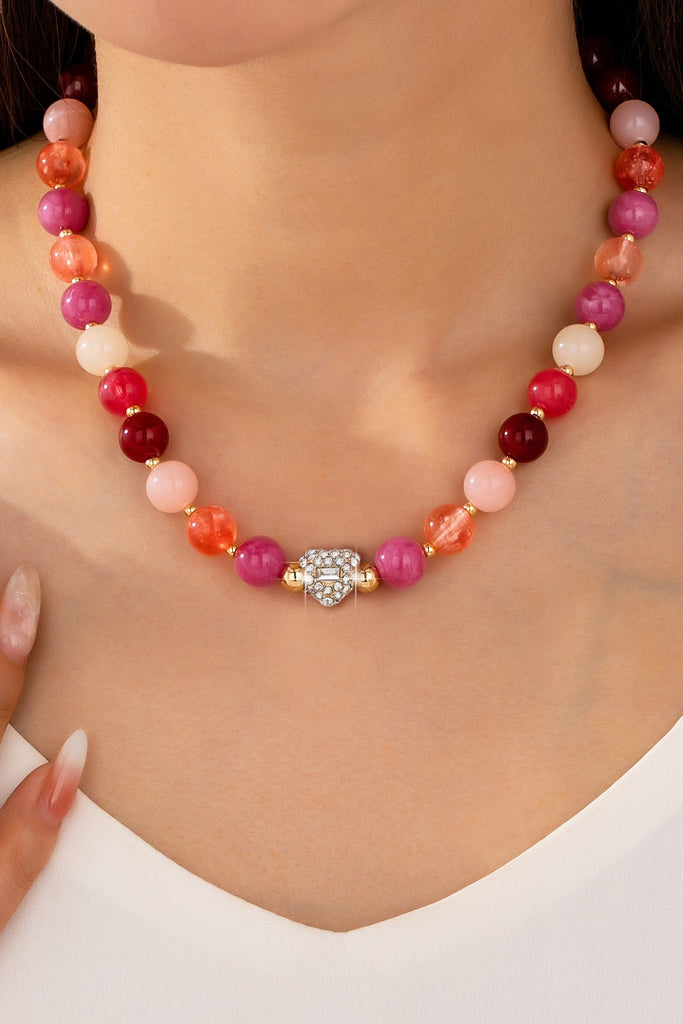 Rose & Berry Tone Beaded  Heart Crystal Ball Necklace | 80N92958
