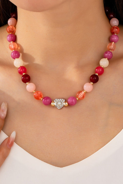 Rose & Berry Tone Beaded  Heart Crystal Ball Necklace | 80N92958