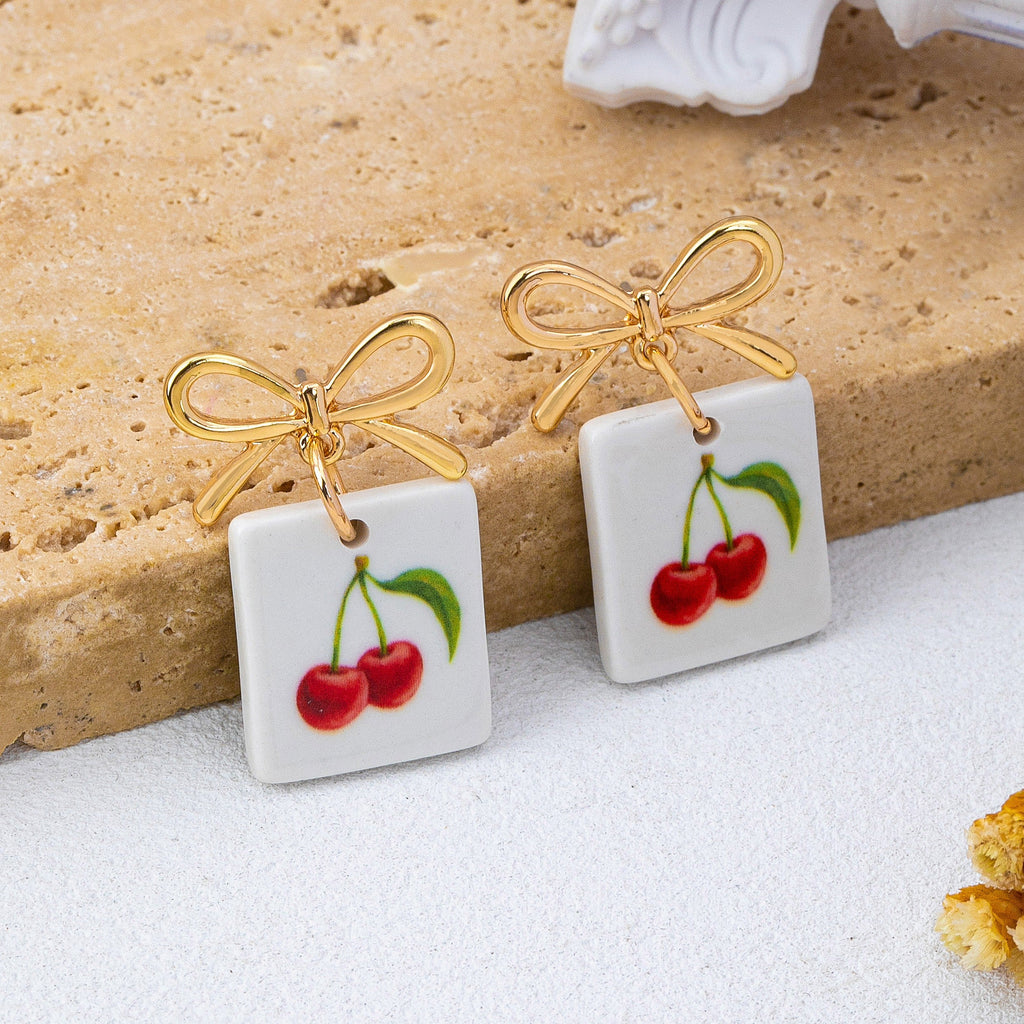 Gold Bow Drop Enamel Charm Statement Earrings | 80E62585