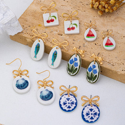 Gold Bow Drop Enamel Charm Statement Earrings | 80E62585