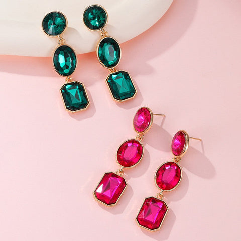 Triple-Drop Layer Fuchsia Emerald Rhinestone Earrings|40E526