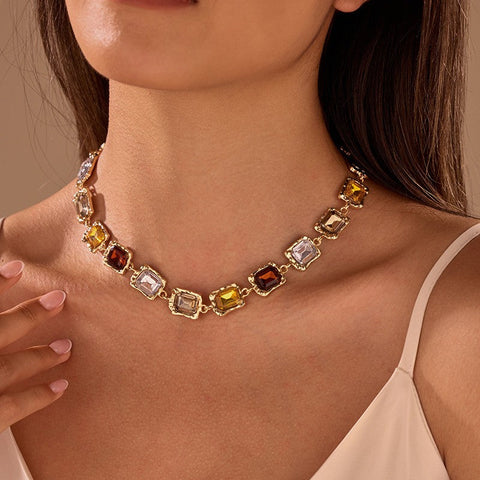 Emerald-Cut Earth Tone Crystal Collar Necklace | 40NK9748