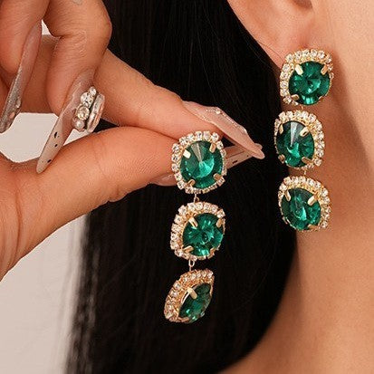Triple-Drop Layer Emerald Ruby Rhinestone Earrings | 40E530